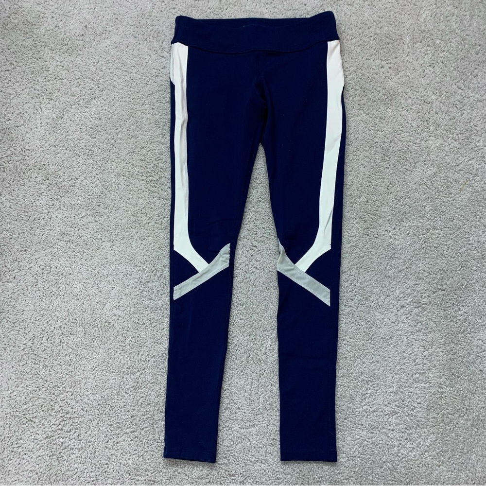 Women's PURE BARRE Navy Blue & White SPLITS 59 Full Length YOGA Leggings Pant  L